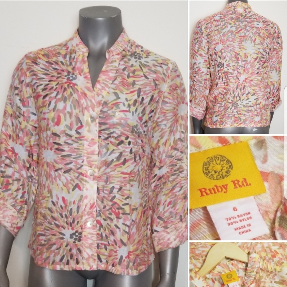 Ruby Rd Semi Sheer Button V Neck Blouse - Picture 9 of 9